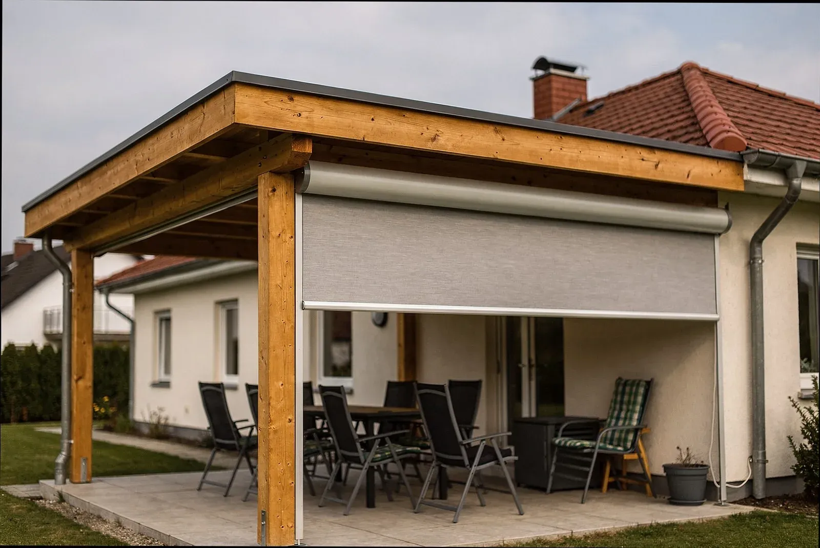 Lamellendach mit seitlichem Screen als Windschutz in Hagen